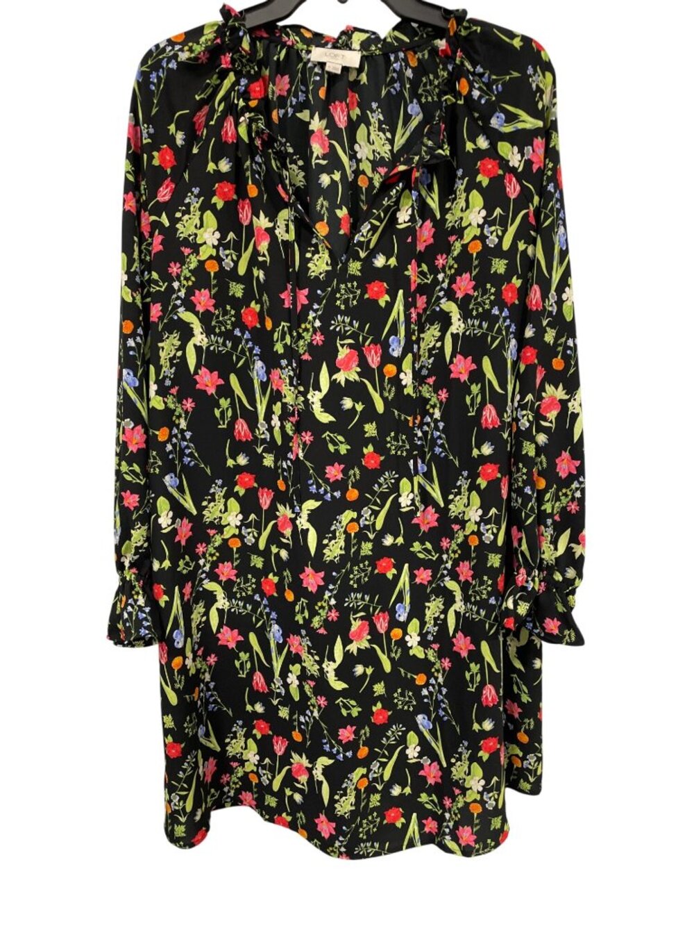 LOFT Mini Dress Medium Long Sleeve Tie Neck Floral Black Fairygoth Dark Feminine
